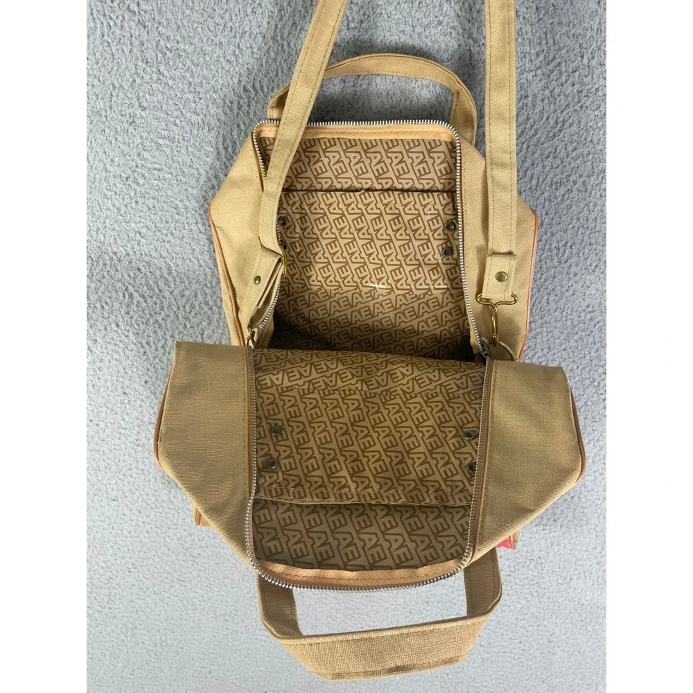 American‎ Express Travel Service Canvas Duffle Bag Beige Blue Logo Zip Top